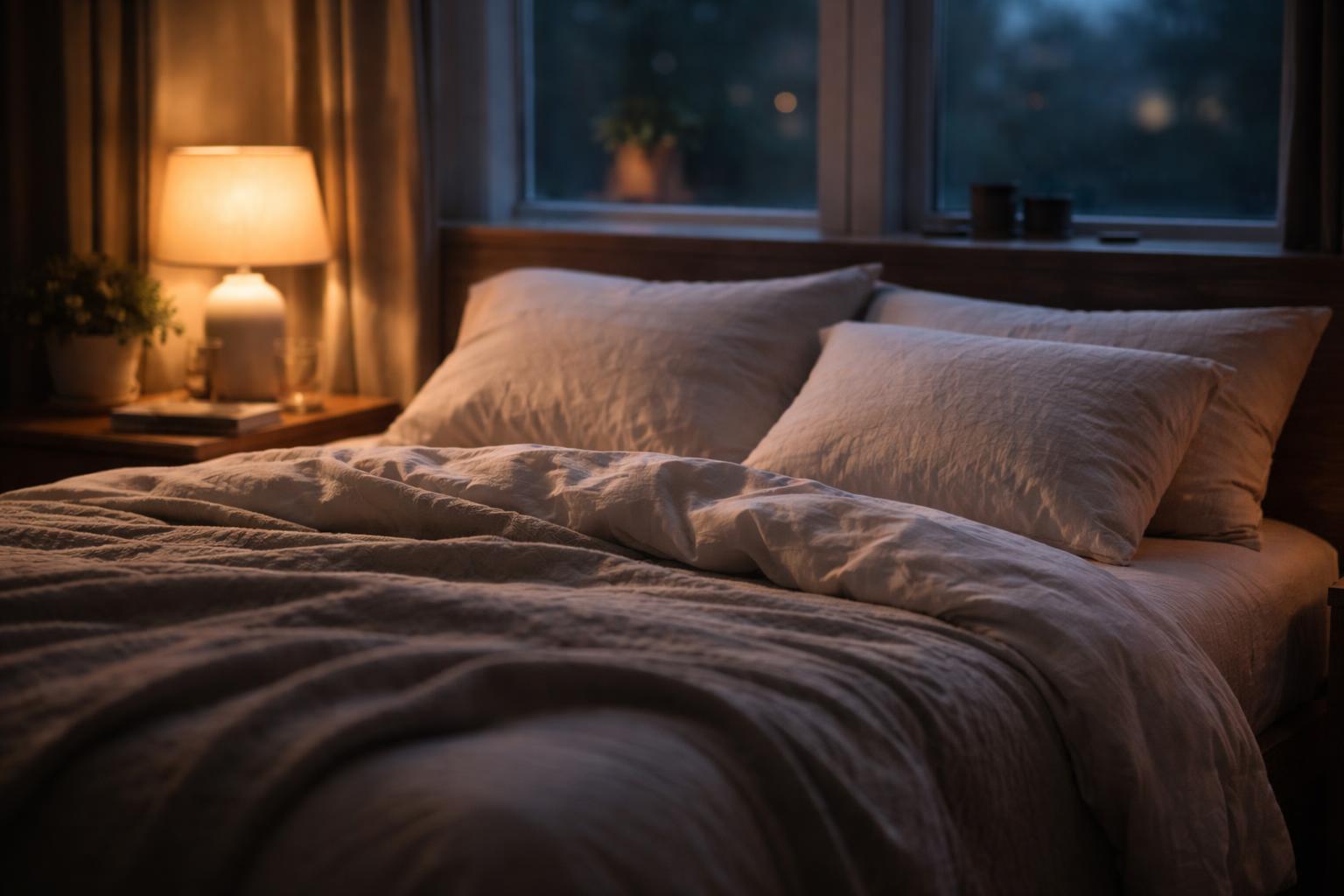 A cozy modern bedroom with a neatly made bed, a glowing bedside lamp, and a window showing a cool evening outside.