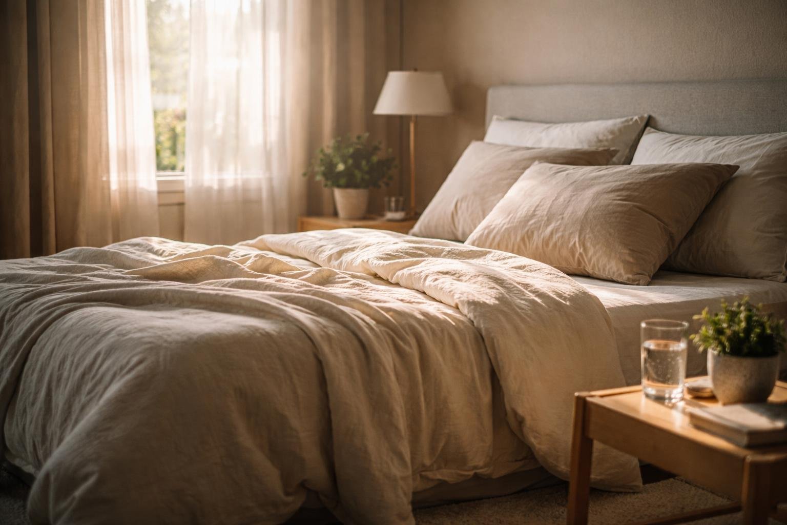 A sunlit bedroom with a neatly made bed, soft linens, a bedside table with a plant and glass of water, and sheer curtains letting in natural light.