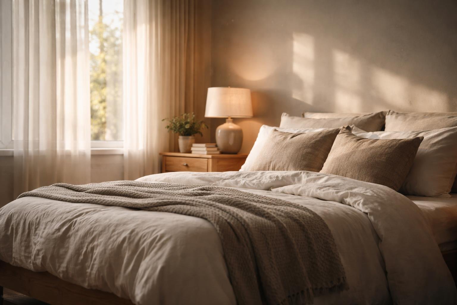 A calm and tidy bedroom with a made bed, soft natural light coming through curtains, a nightstand with a plant and lamp, and wooden furniture.