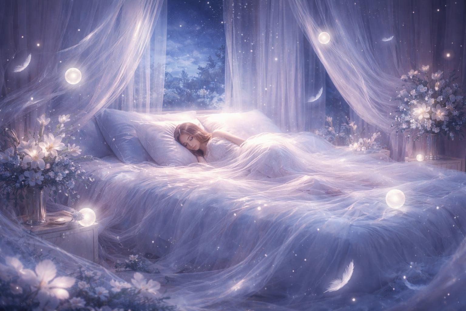 A peaceful bedroom at night with a person sleeping on a large bed surrounded by soft glowing lights and gentle mist, under a starry sky visible through an open window.