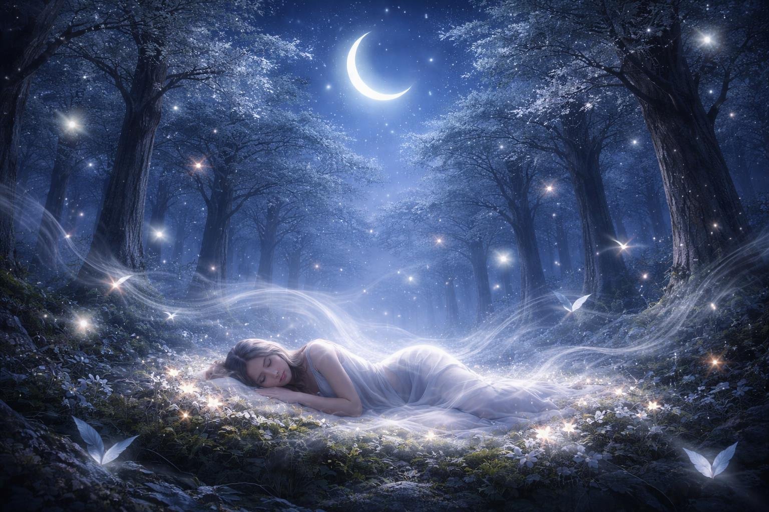 A peaceful figure resting on a glowing bed of moss in a softly lit forest under a starry sky with a crescent moon.