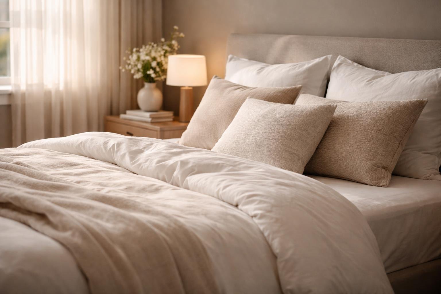 A neatly made bed with soft, inviting bedding and pillows in a sunlit bedroom with a bedside table holding a vase of flowers and a lamp.