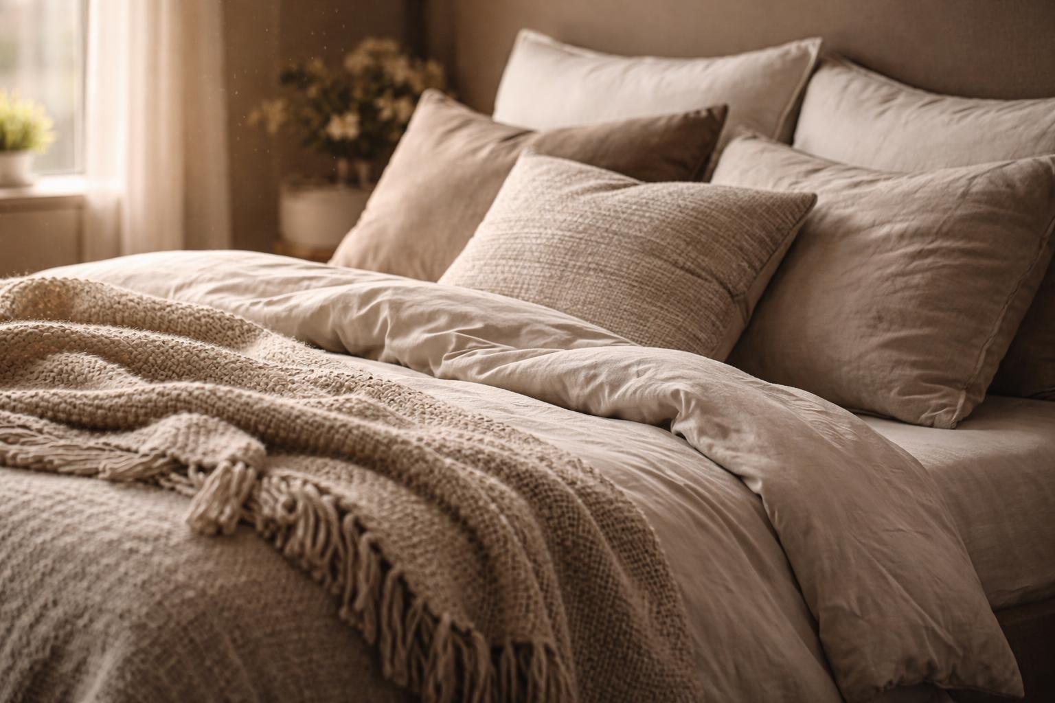 A cozy bedroom bed with layered bedding including pillows, a duvet, and a knitted throw, softly lit by natural light through a window.