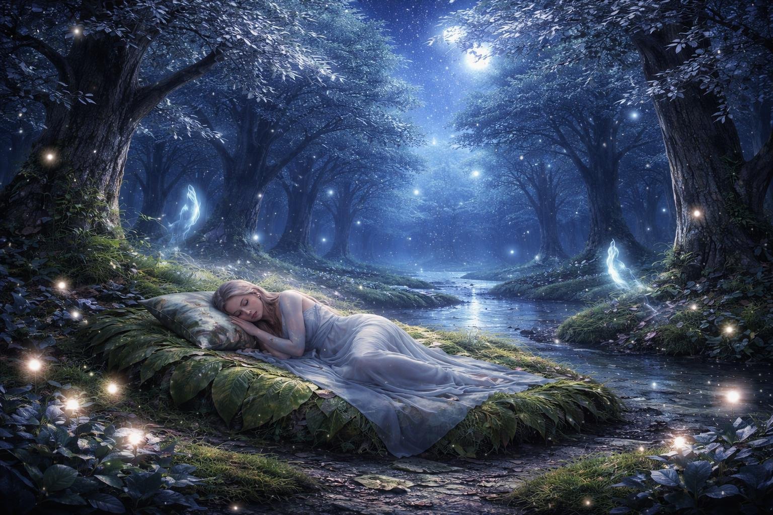 A peaceful figure resting on a large leaf in a moonlit forest clearing surrounded by glowing plants, trees, and a small stream.
