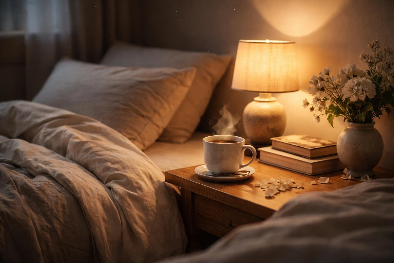 A cozy bedroom with a neatly made bed, a glowing bedside lamp, a cup of tea, books, and fresh flowers, creating a calm and peaceful atmosphere.