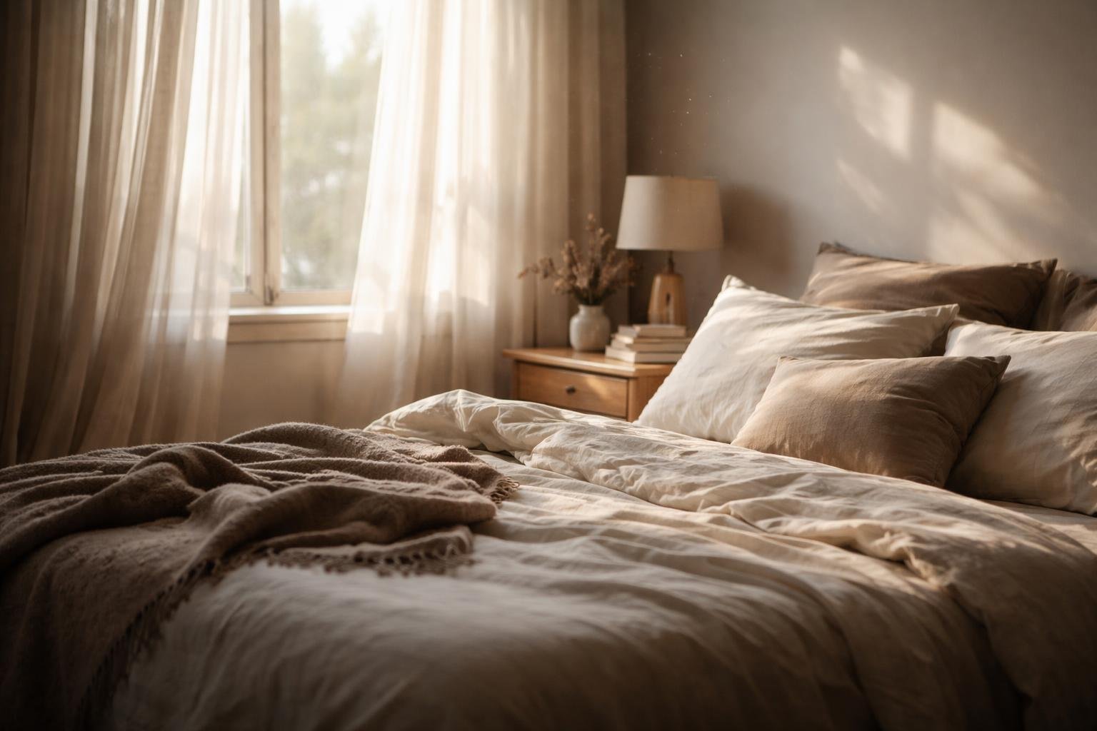 A cozy bedroom with soft natural light coming through sheer curtains, featuring a neatly made bed and warm wooden furniture.