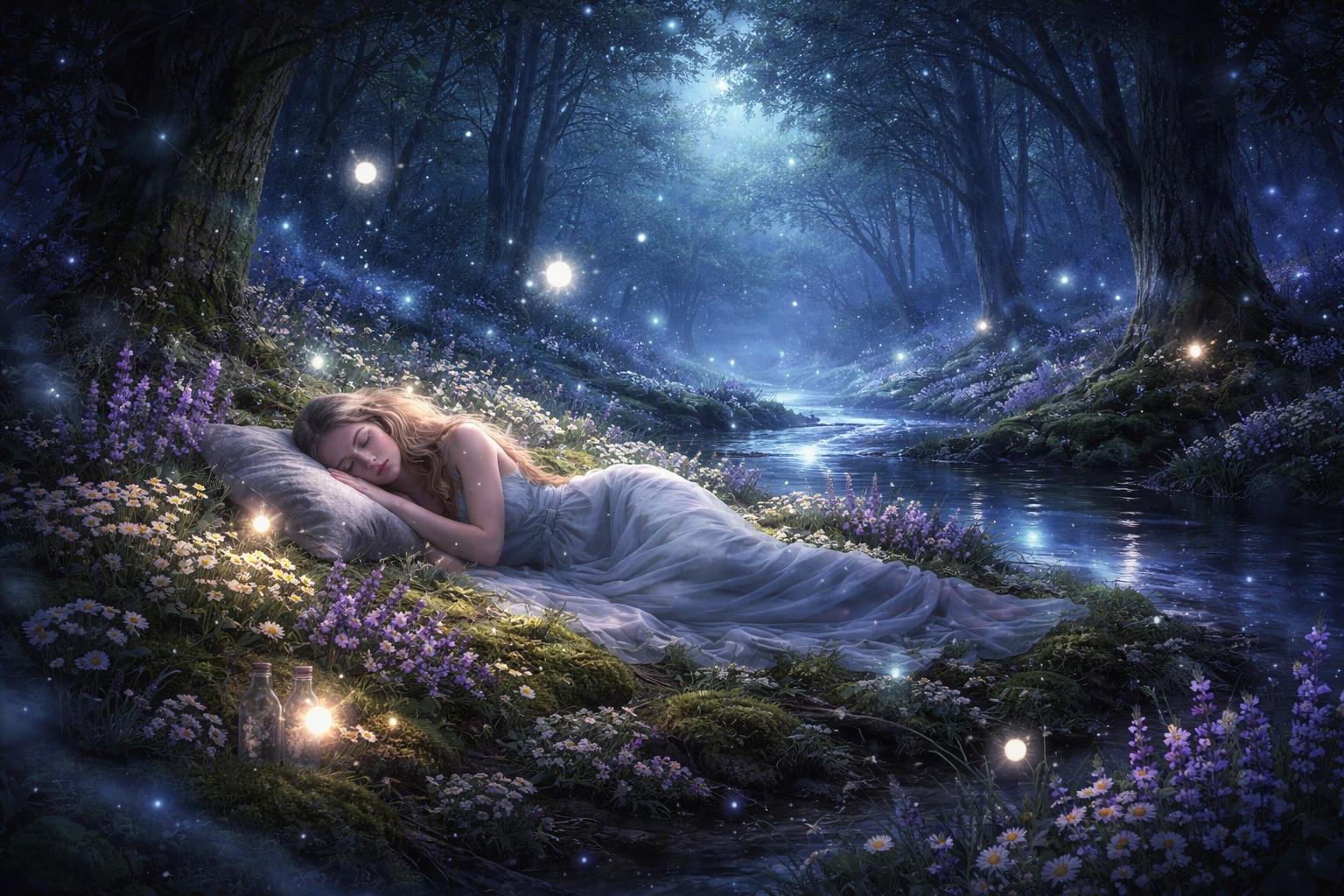 A peaceful figure resting in a glowing forest surrounded by plants, floating lights, and a clear stream under a starry sky.
