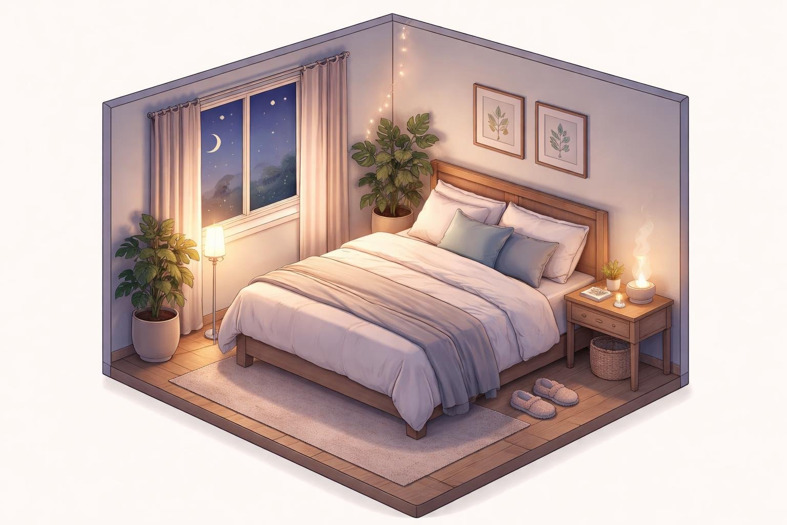 A cozy bedroom with a made bed, bedside lamp, plant, diffuser, and a window showing a night sky.