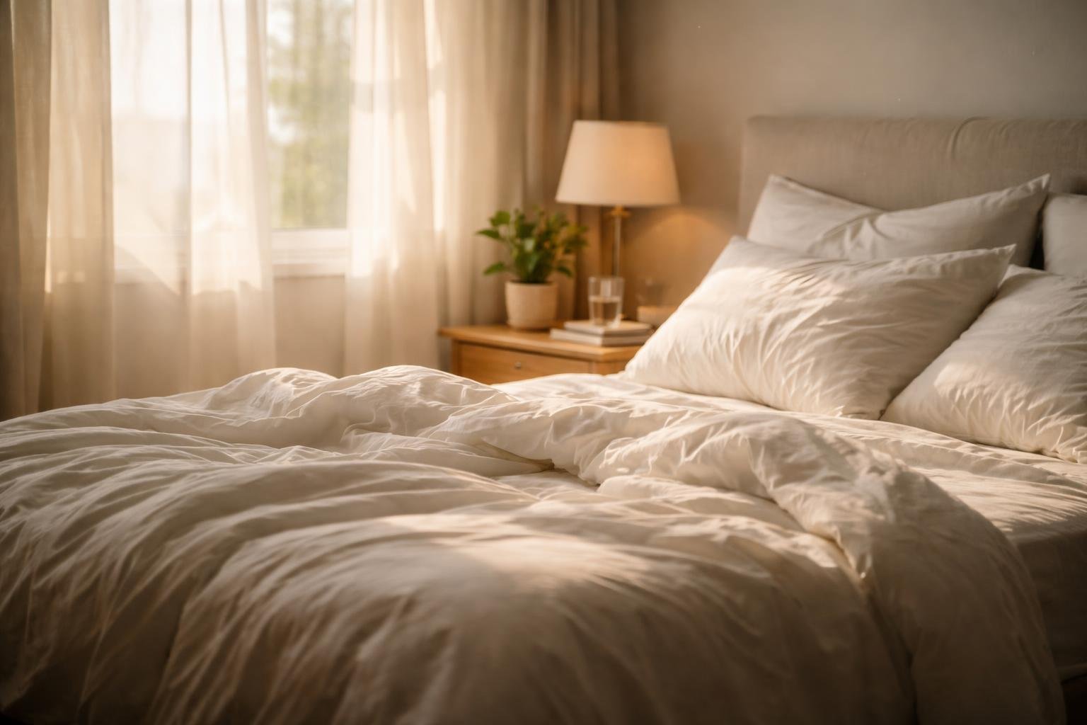 A cozy bedroom with a neatly made bed, soft pillows, a bedside table with a plant and a glass of water, illuminated by natural morning light through sheer curtains.