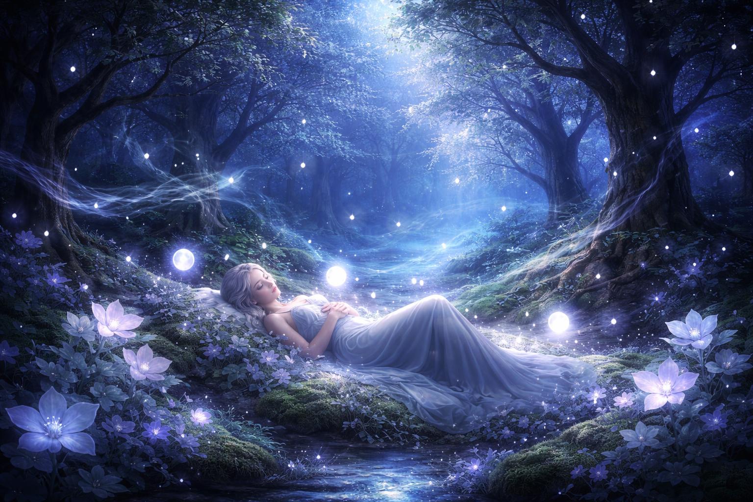 A peaceful figure resting in a glowing forest at night surrounded by soft lights and gentle natural elements symbolizing calm and restful sleep.