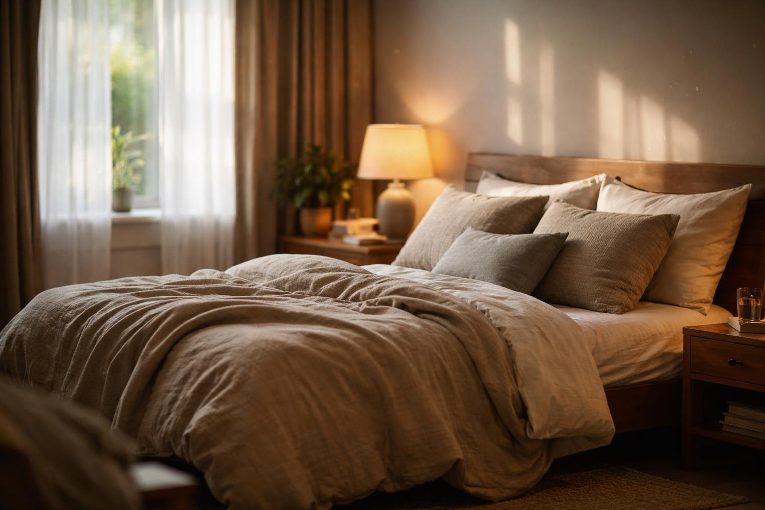 A cozy bedroom with a neatly made bed, soft linens, a bedside lamp, and a potted plant, bathed in natural light filtering through curtains.