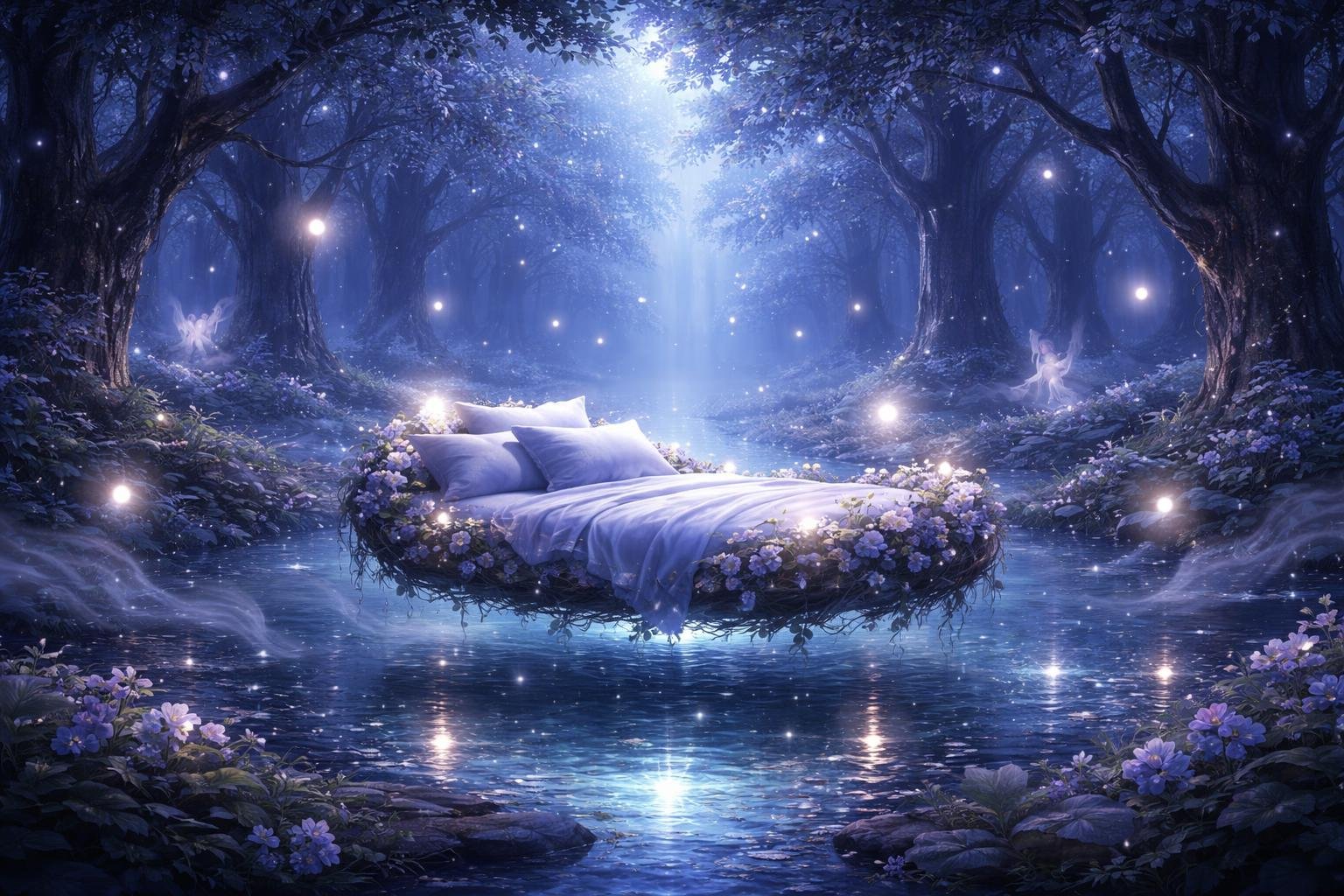 A peaceful forest clearing at night with a glowing bed floating above a pond, surrounded by soft lights and gentle mist.