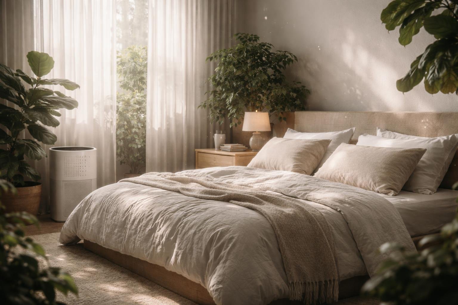 A calm bedroom with a neatly made bed, green plants, and soft natural light coming through sheer curtains.