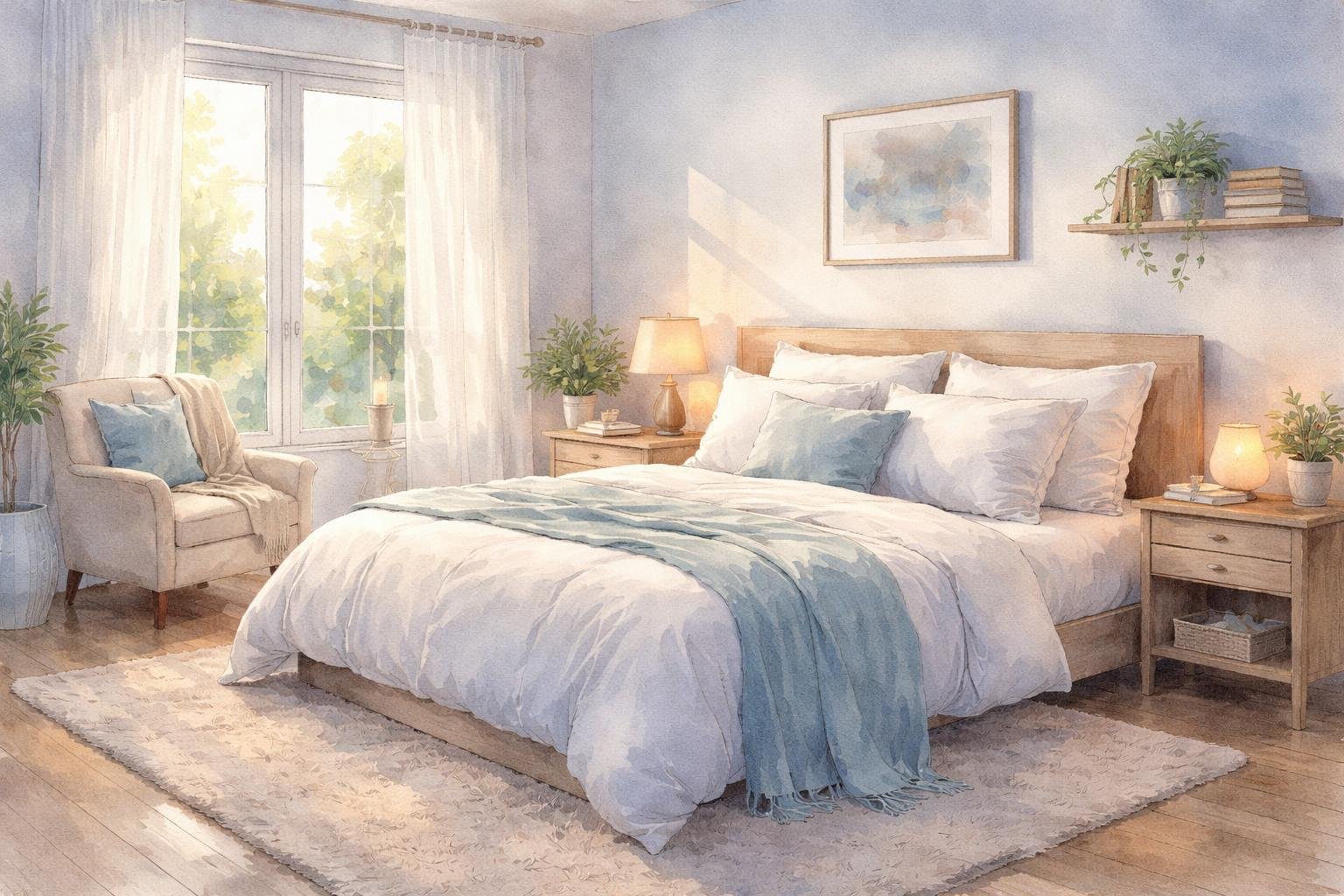A peaceful bedroom with a neatly made bed, soft linens, a nightstand with a plant and lamp, a window with sheer curtains, and a cozy armchair in the corner.