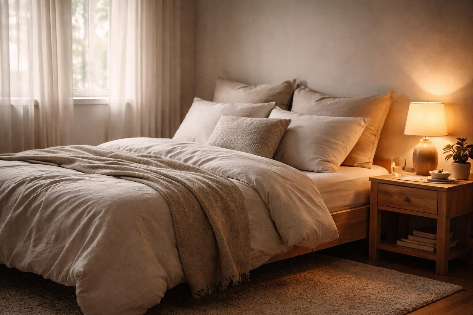 A cozy bedroom with a neatly made bed, soft linens, a wooden nightstand with a warm lamp, and natural light coming through sheer curtains.