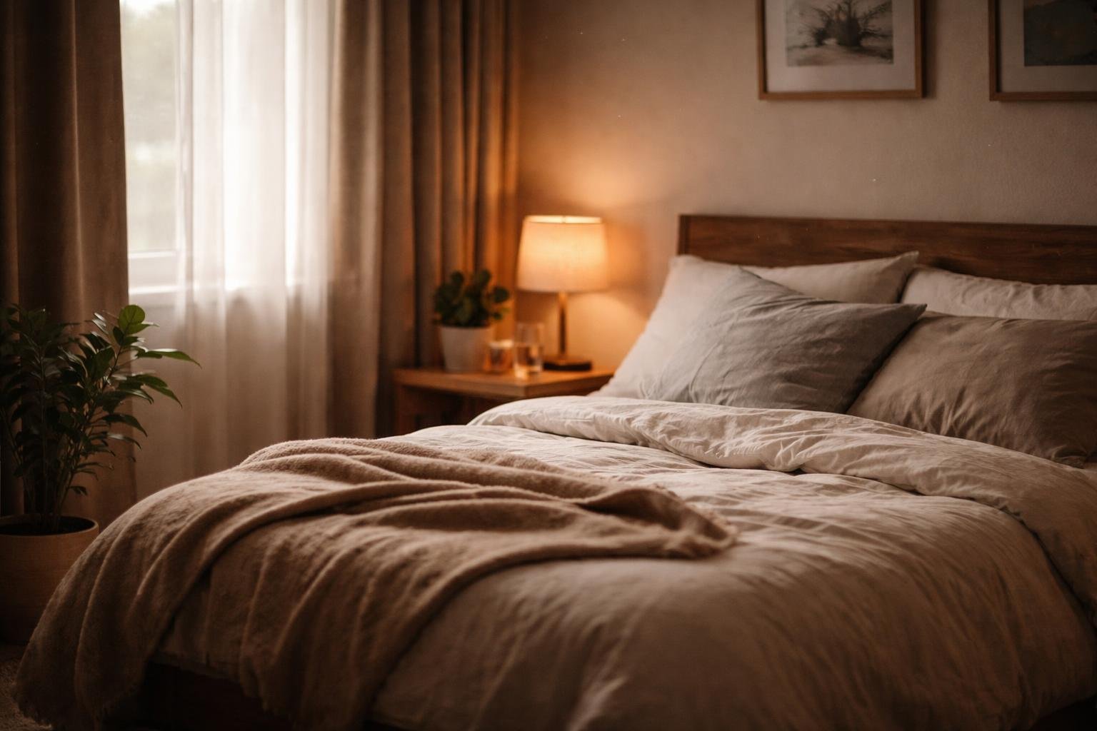 A cozy bedroom with a neatly made bed, blackout curtains, a wooden nightstand with a lamp, and potted plants, designed to create a restful and inviting sleep space.
