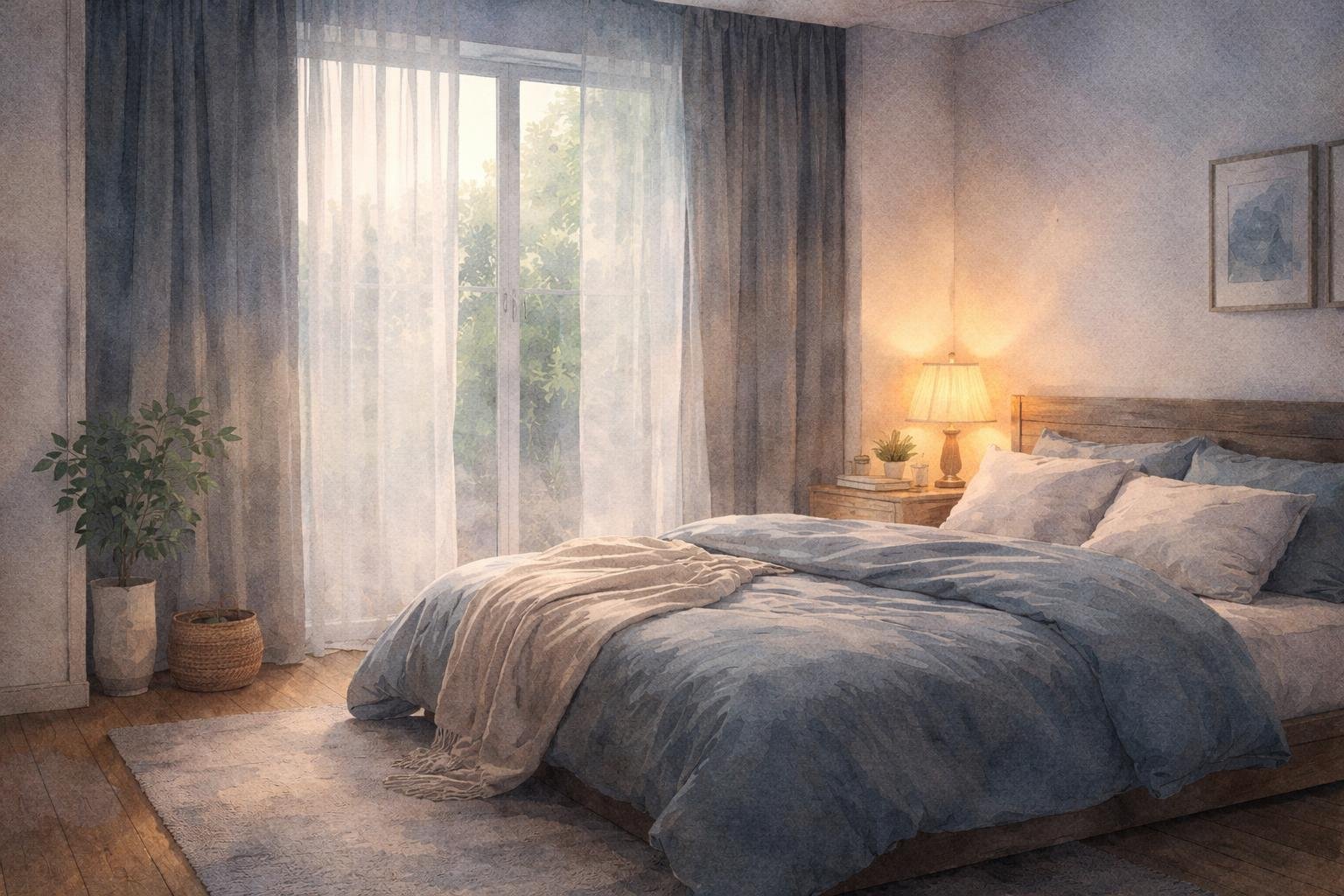 A calm bedroom with soft natural light, a neatly made bed with blue and gray linens, blackout curtains, a small bedside lamp, and minimal decor creating a peaceful atmosphere for sleep.