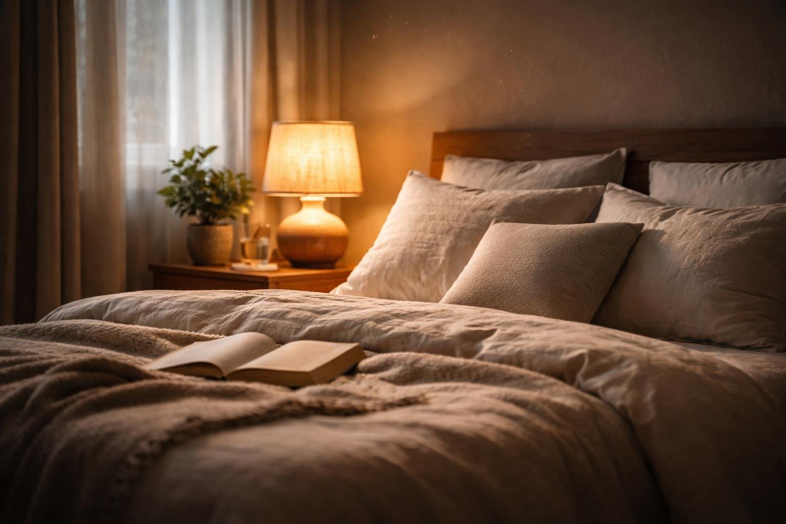 A cozy bedroom with a neatly made bed, warm bedside lamp, a small plant on a nightstand, and an open book, creating a peaceful and inviting atmosphere for sleep.