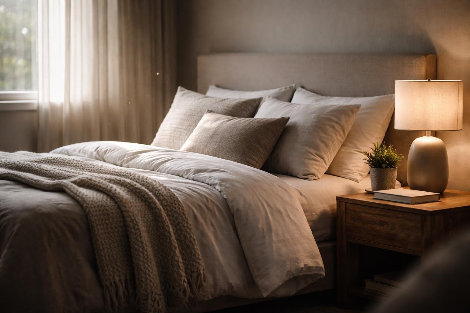 A neatly arranged bedroom with a made bed, soft linens, a bedside table holding a lamp, plant, and book, illuminated by natural light through sheer curtains.