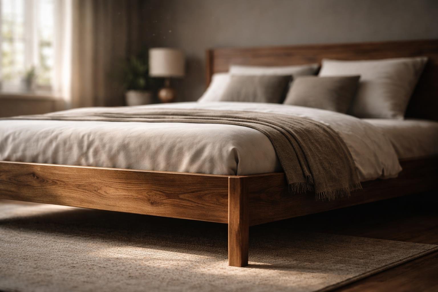 A modern bedroom featuring a wooden bed frame with neatly made bedding, soft natural light coming through a window, and a cozy atmosphere.