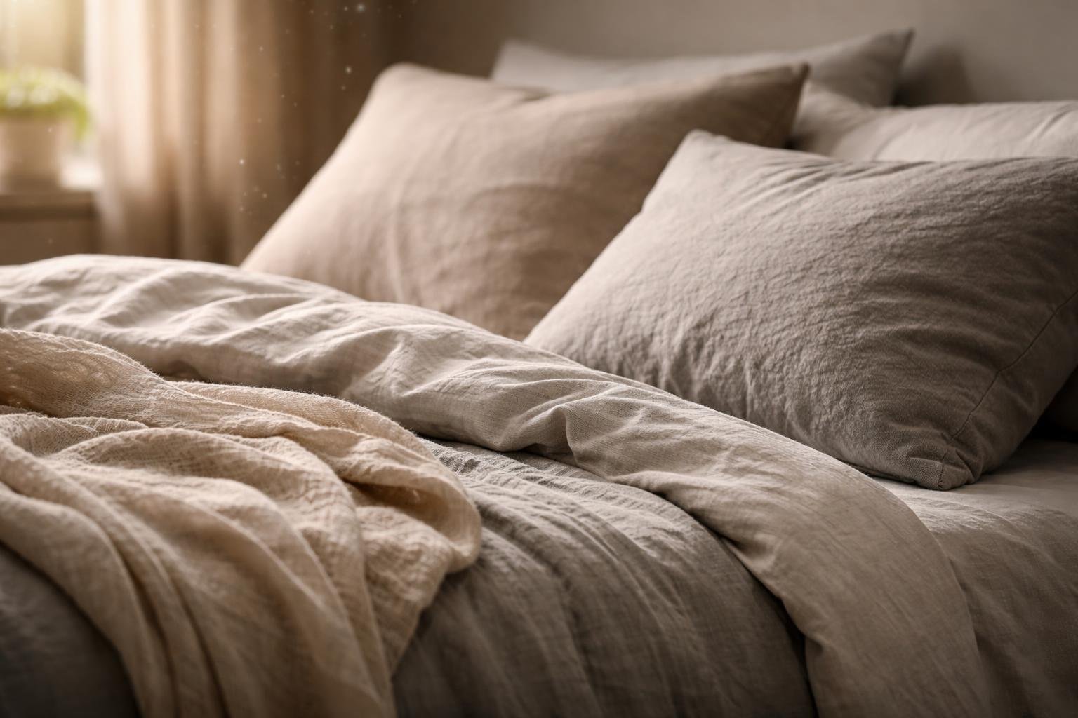 A cozy bedroom with a neatly made bed featuring soft pillows, a plush duvet, and a lightweight blanket, illuminated by natural light through a window.