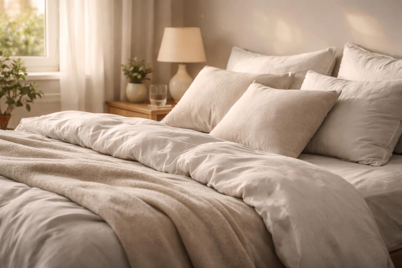 A neatly made bed with soft, textured linens and pillows in a calm bedroom with natural light and a wooden bedside table with a lamp and plant.