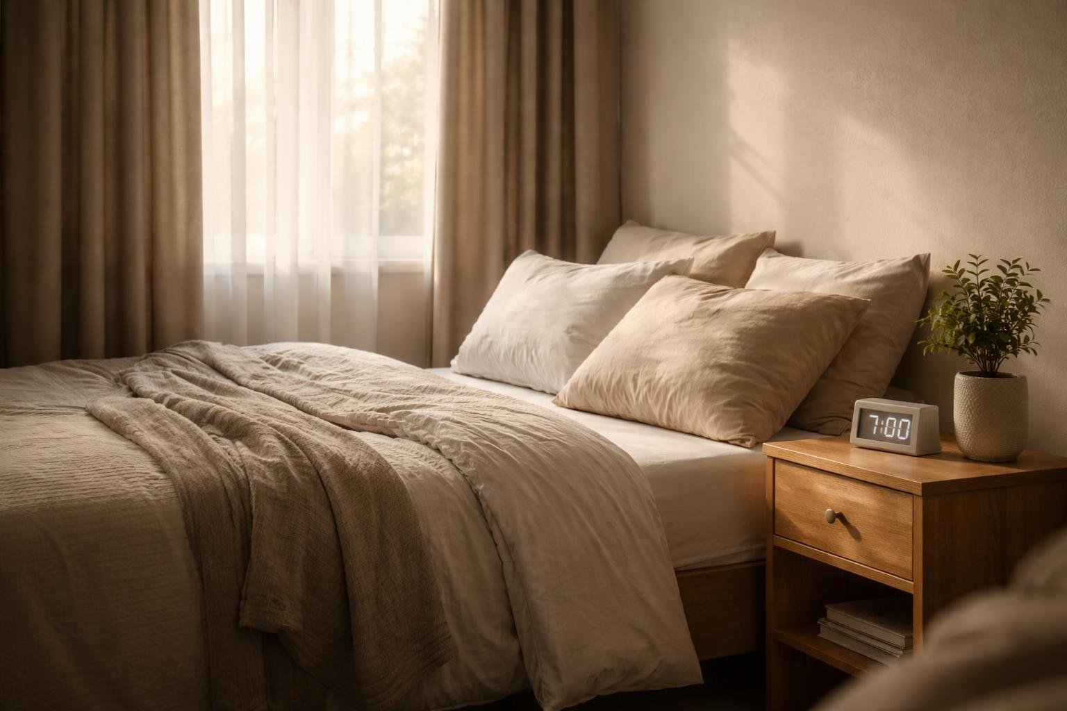 A cozy bedroom with a neatly made bed, soft natural light coming through sheer curtains, a wooden nightstand with a small plant and alarm clock, creating a calm and restful atmosphere.