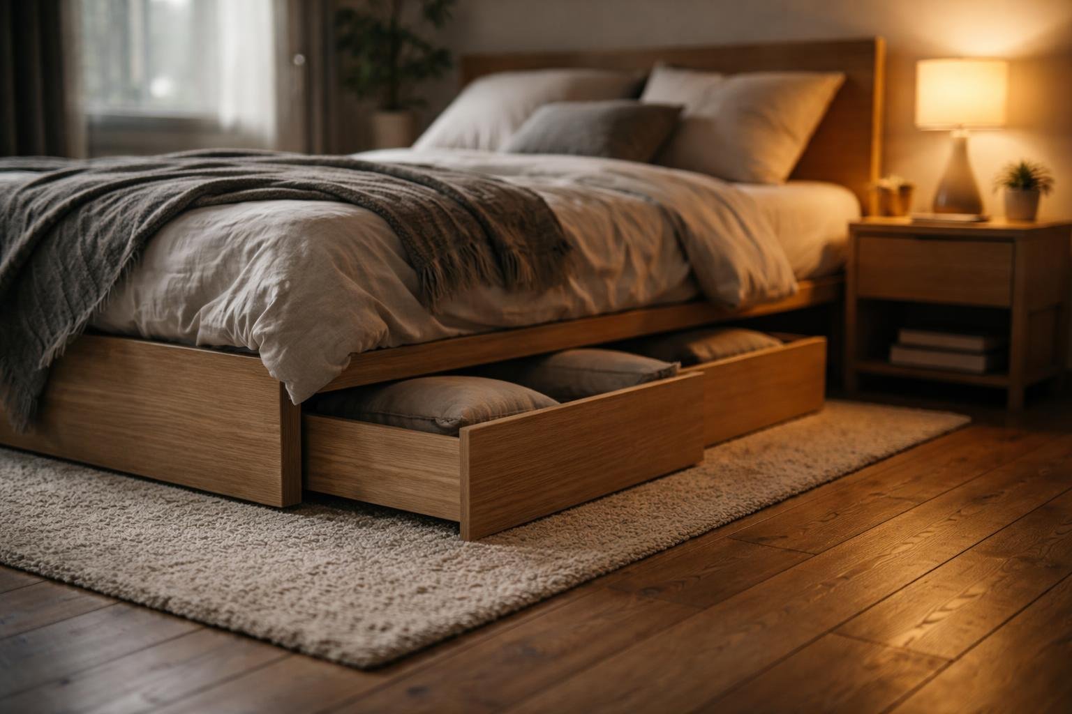 A cozy bedroom with wooden flooring, a minimalist bed with storage drawers, a soft area rug, and a bedside table with a lamp, illuminated by natural light through a window.