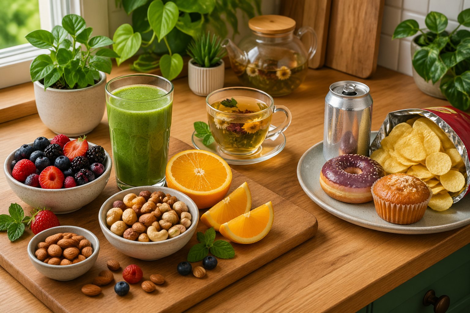 A kitchen countertop with fresh fruits, nuts, a green smoothie, and herbal tea next to a separate plate holding soda, chips, and a pastry, illustrating healthy snack and beverage swaps.
