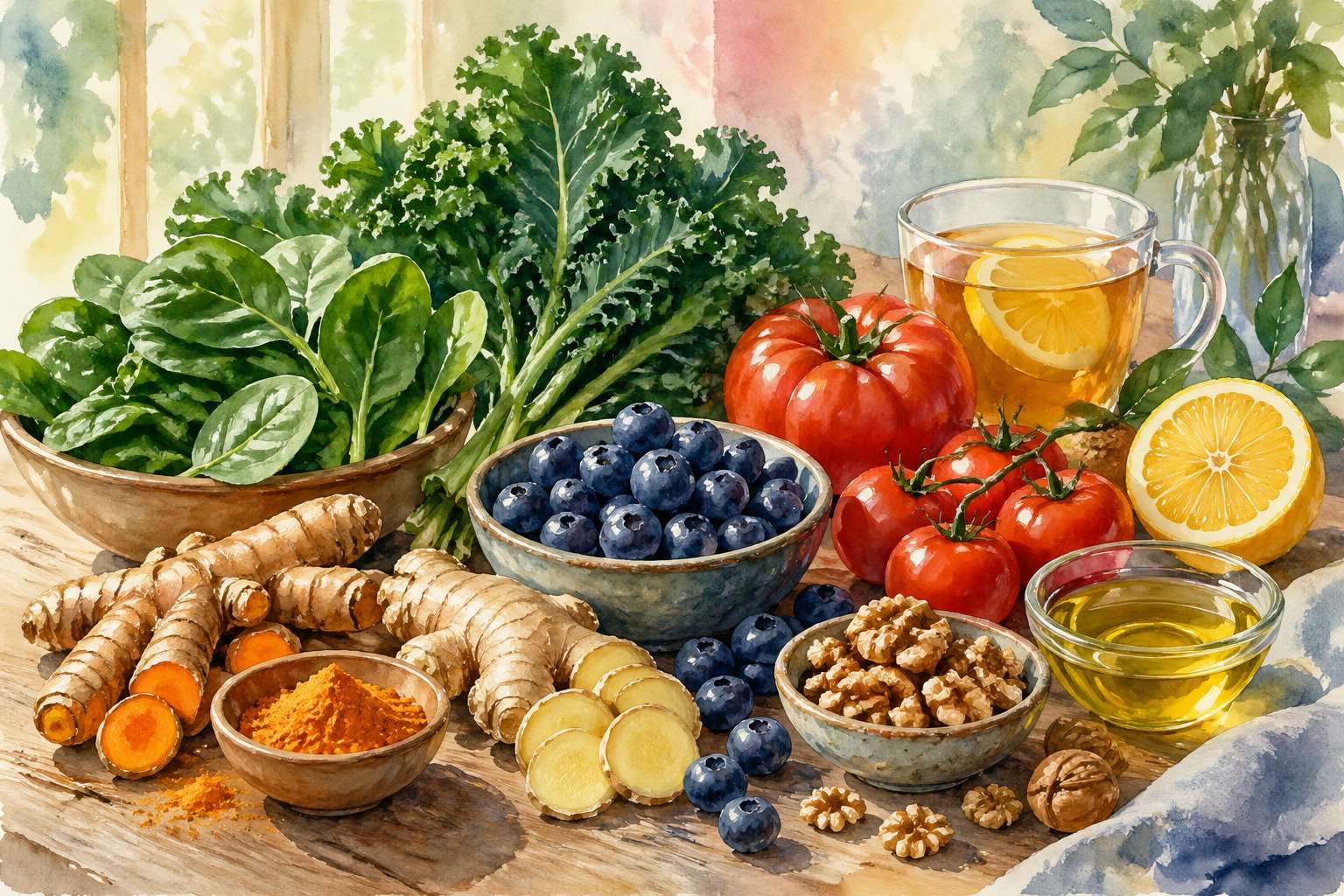 A table with fresh anti-inflammatory foods including turmeric, leafy greens, tomatoes, blueberries, walnuts, ginger, olive oil, and herbal tea.