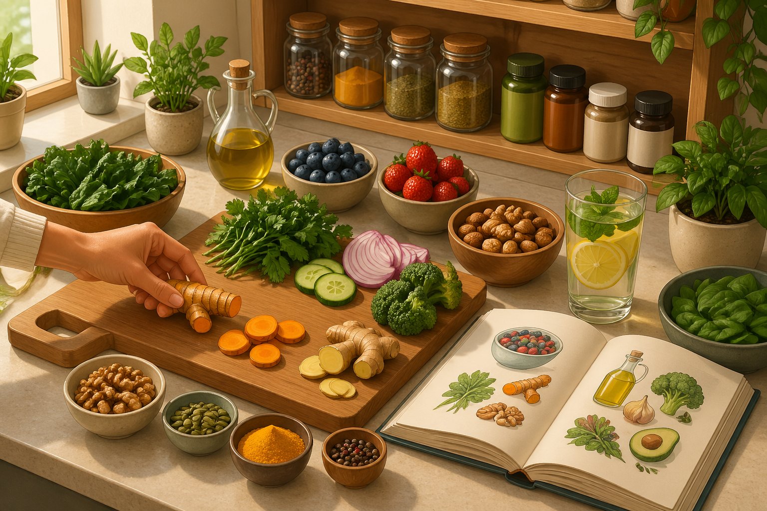 A kitchen counter with fresh anti-inflammatory foods like turmeric, ginger, leafy greens, berries, and olive oil arranged neatly, along with a cutting board and a glass of infused water.