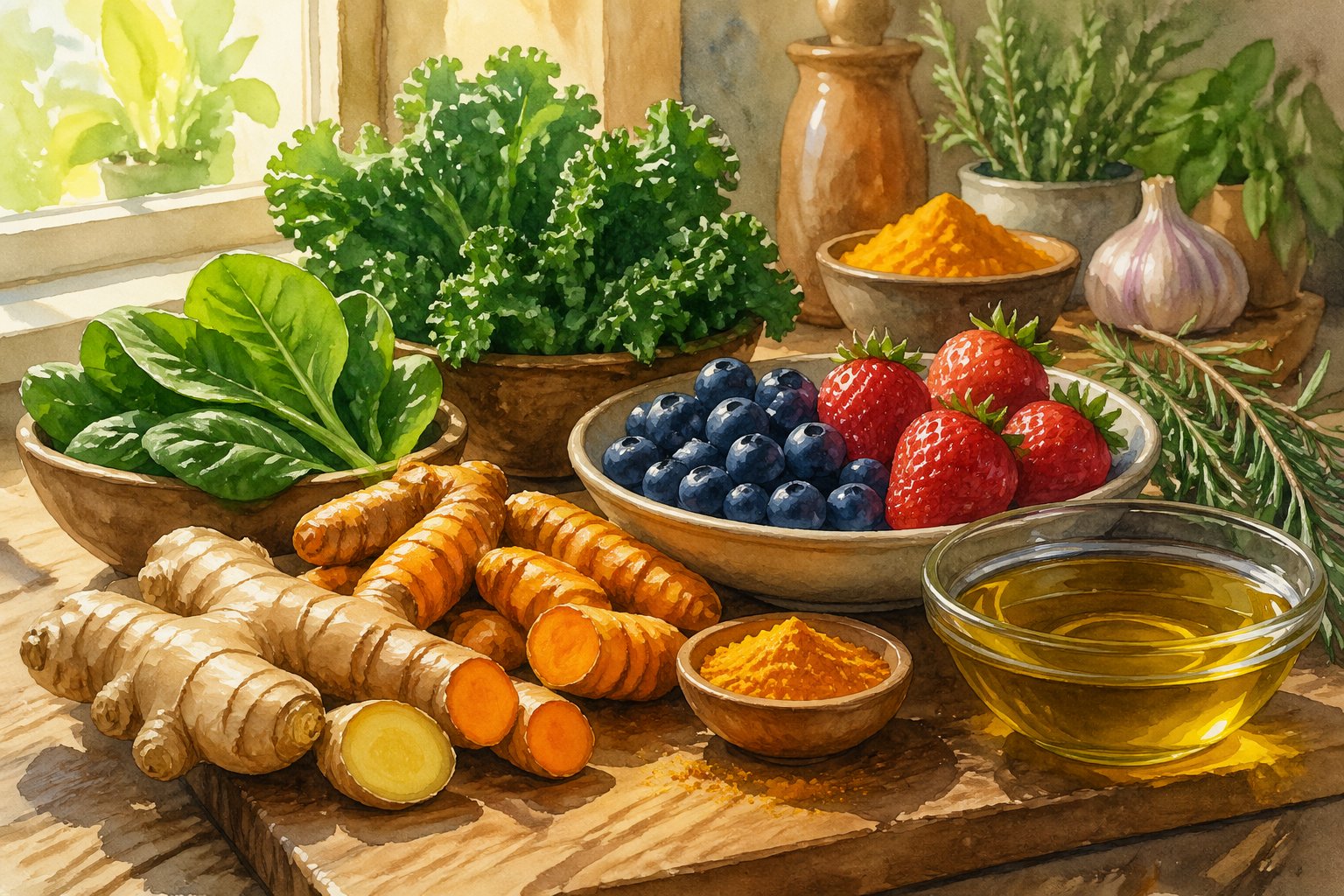 A kitchen table with fresh turmeric, ginger, berries, leafy greens, olive oil, and herbs arranged together.