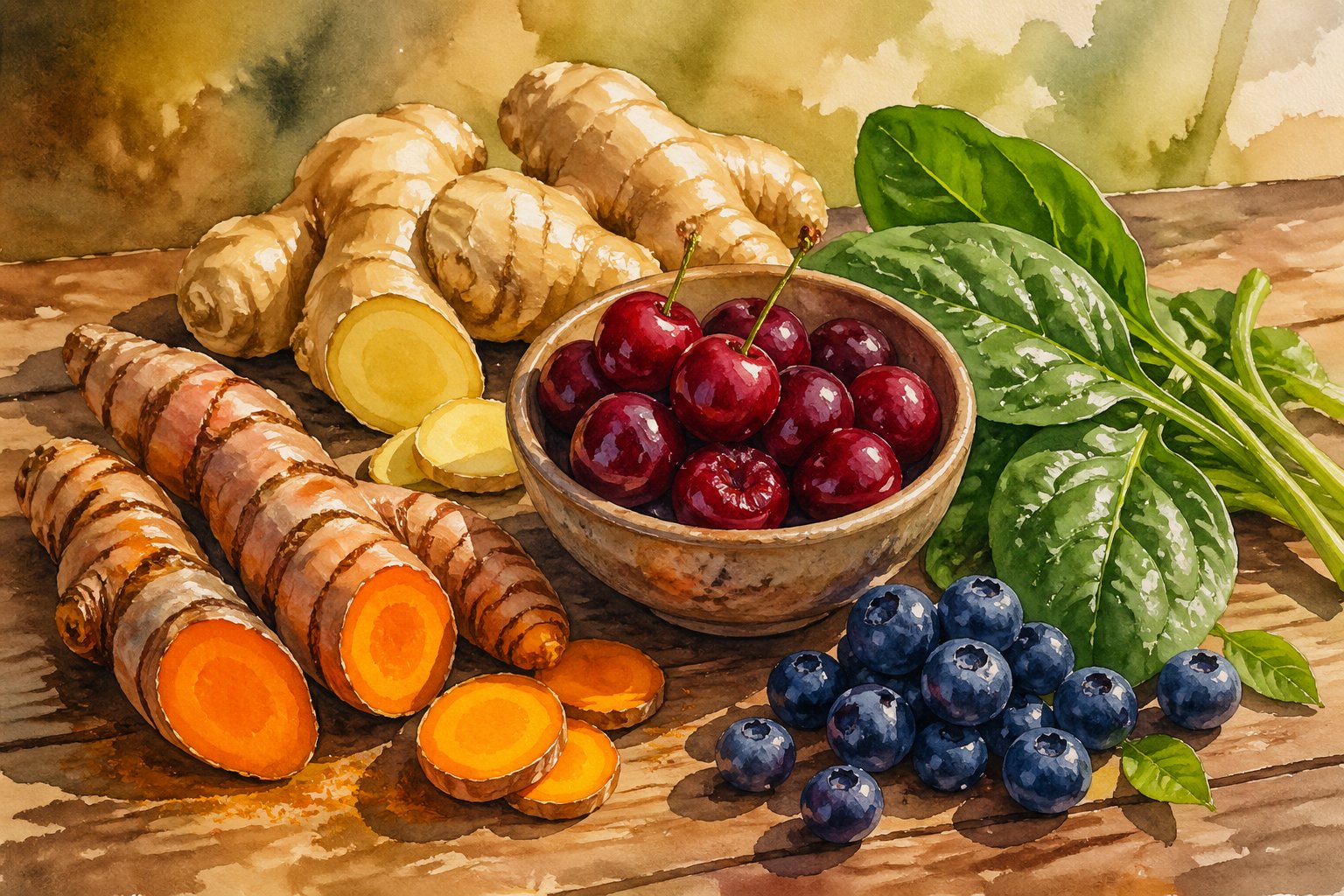A collection of turmeric roots, ginger, tart cherries, spinach leaves, and blueberries arranged on a wooden surface.