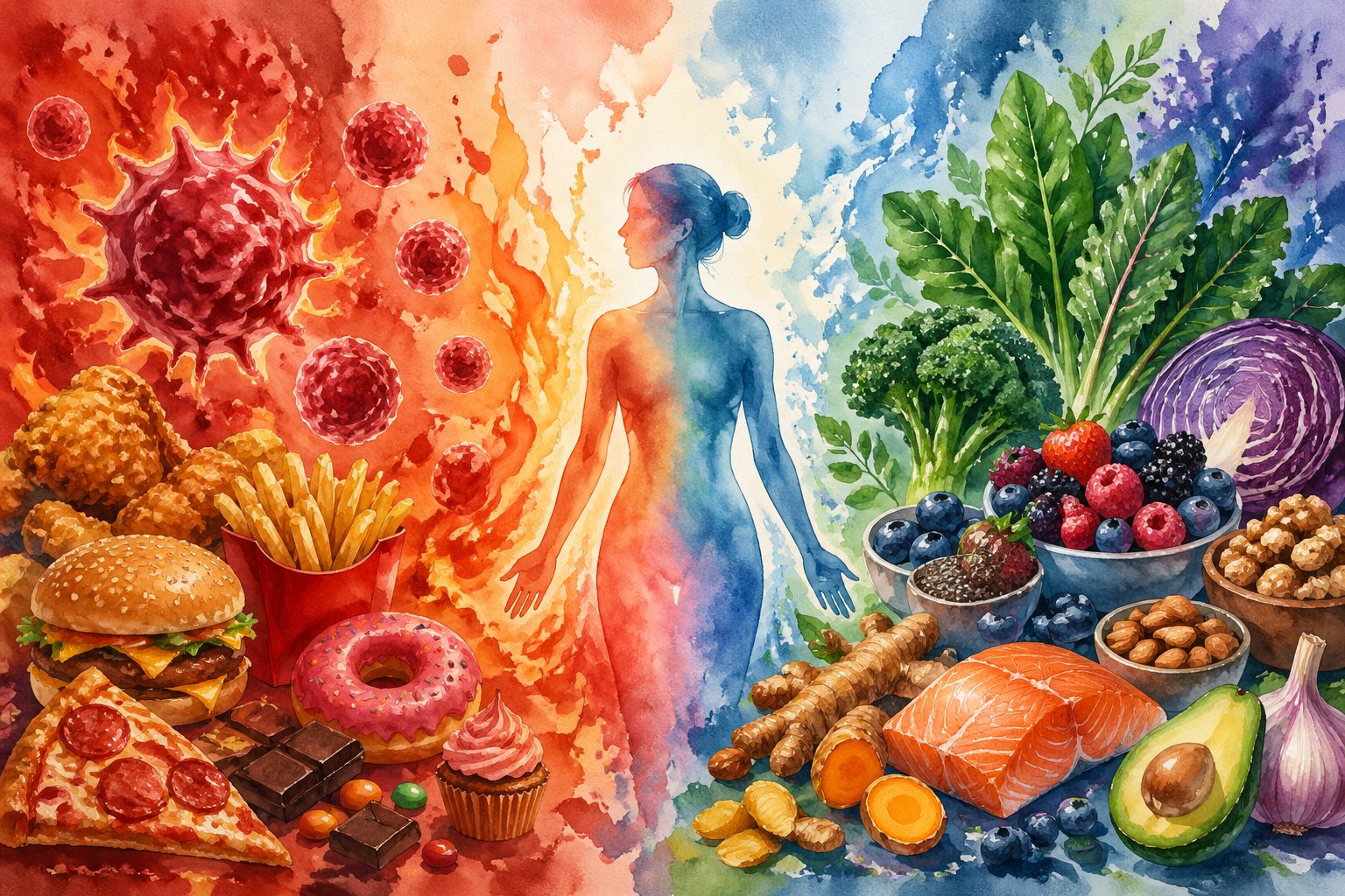 A split scene showing inflamed cells and unhealthy foods on one side, and fresh anti-inflammatory foods like greens, berries, and nuts on the other, symbolizing health improvement.