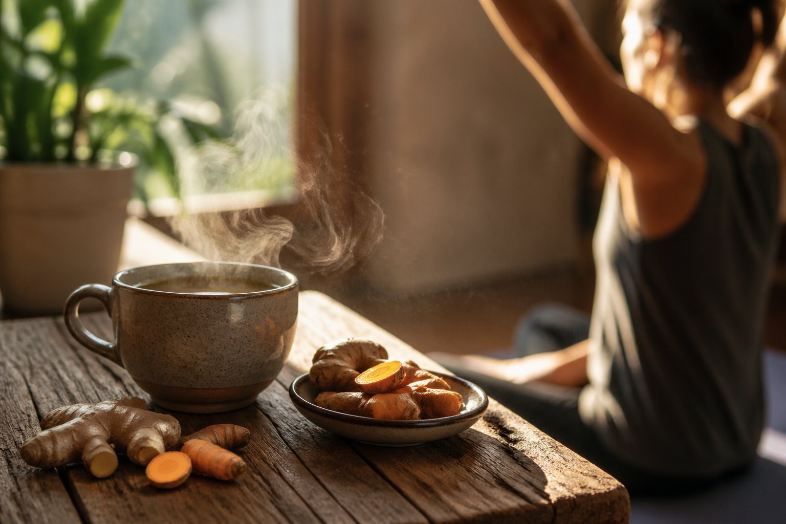 A wooden table with a steaming cup of herbal tea, fresh turmeric root, and sliced ginger in the foreground, with a person stretching in the blurred background near a sunlit window.