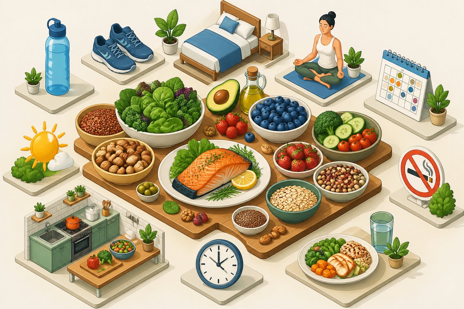 An isometric illustration showing healthy foods like vegetables, berries, nuts, and fish alongside symbols representing lifestyle habits such as exercise, hydration, sleep, and stress reduction.
