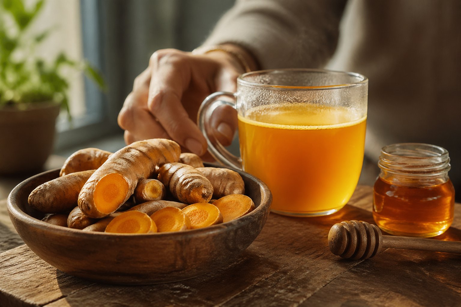 A close-up of a wooden table with fresh turmeric root, a glass of turmeric tea, and a jar of honey, with a blurred hand reaching for the tea in the background.