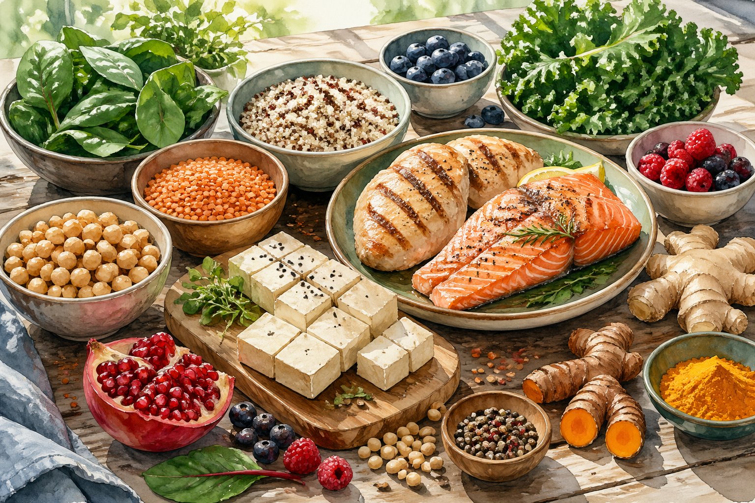 A table displaying a variety of fresh plant-based and lean protein foods with colorful anti-inflammatory ingredients arranged around them.