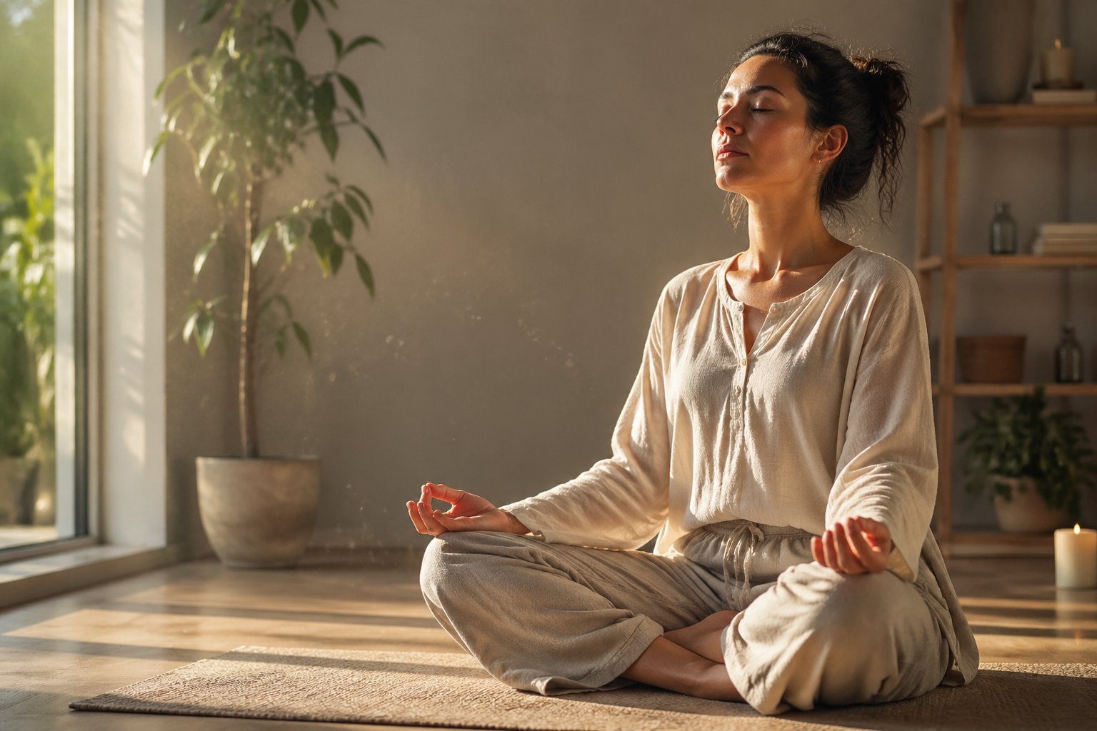 A person sitting cross-legged on a yoga mat in a sunlit room, eyes closed, taking a deep breath during morning sunlight.