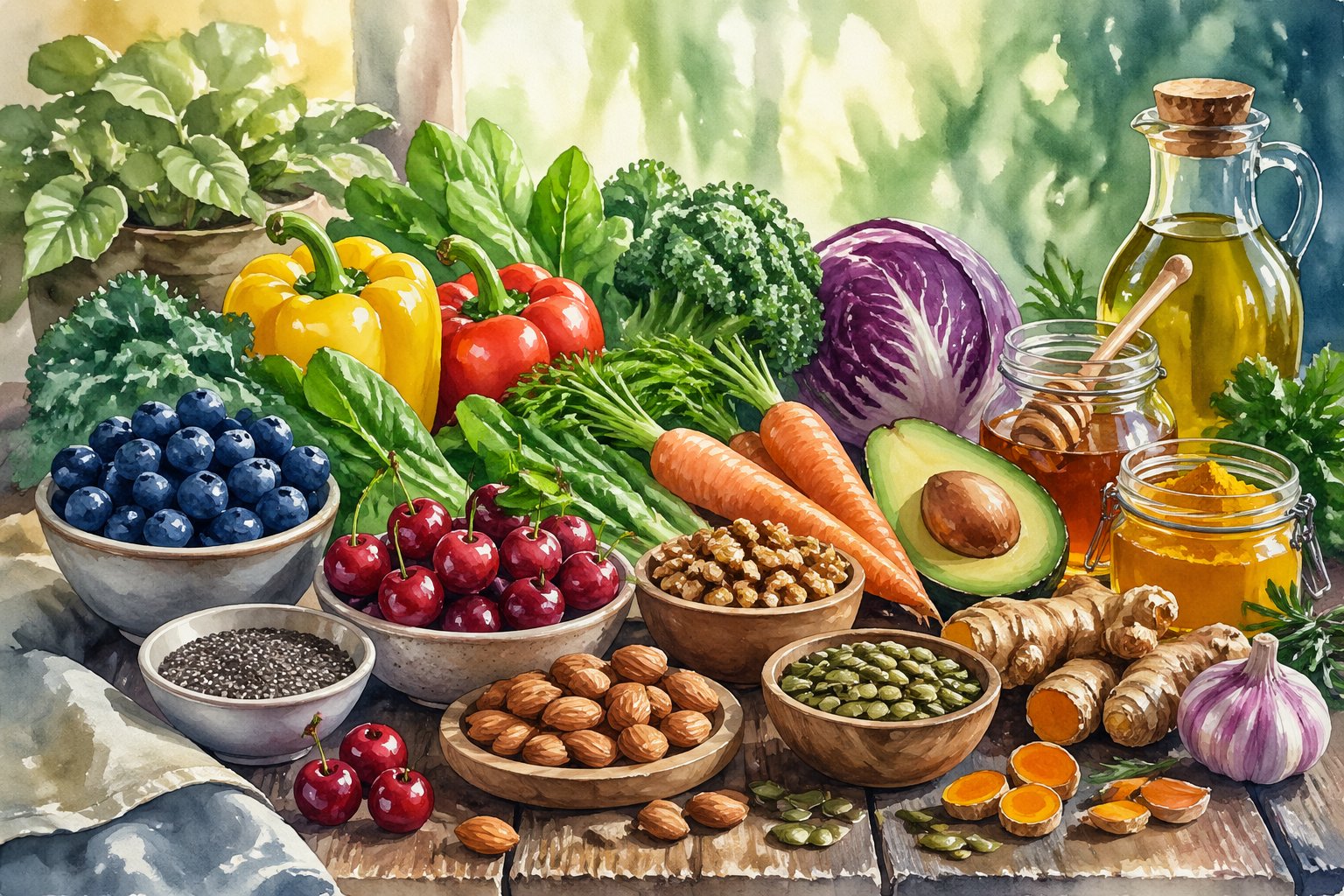 A table filled with fresh fruits, vegetables, nuts, seeds, and jars of natural ingredients arranged together.