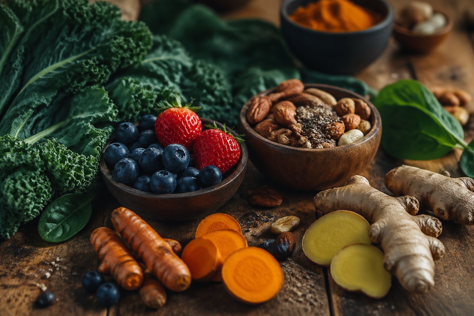 Close-up of various fresh anti-inflammatory foods including turmeric, ginger, berries, leafy greens, and nuts arranged on a wooden table.
