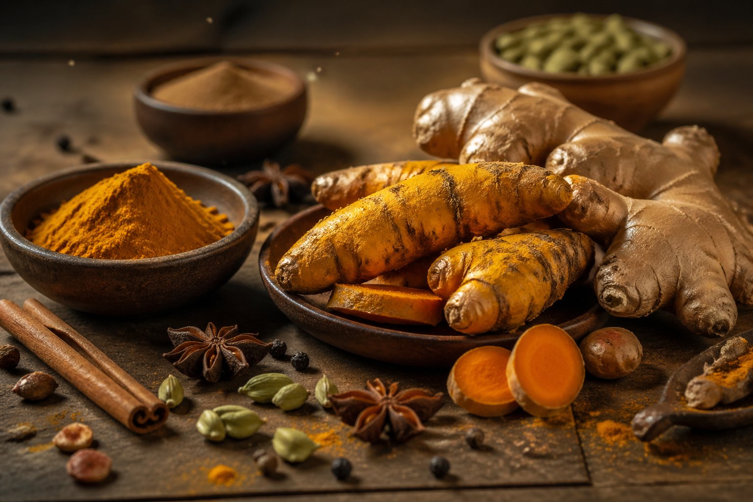 Close-up of turmeric roots and powder, fresh ginger, and various spices arranged on a wooden table.