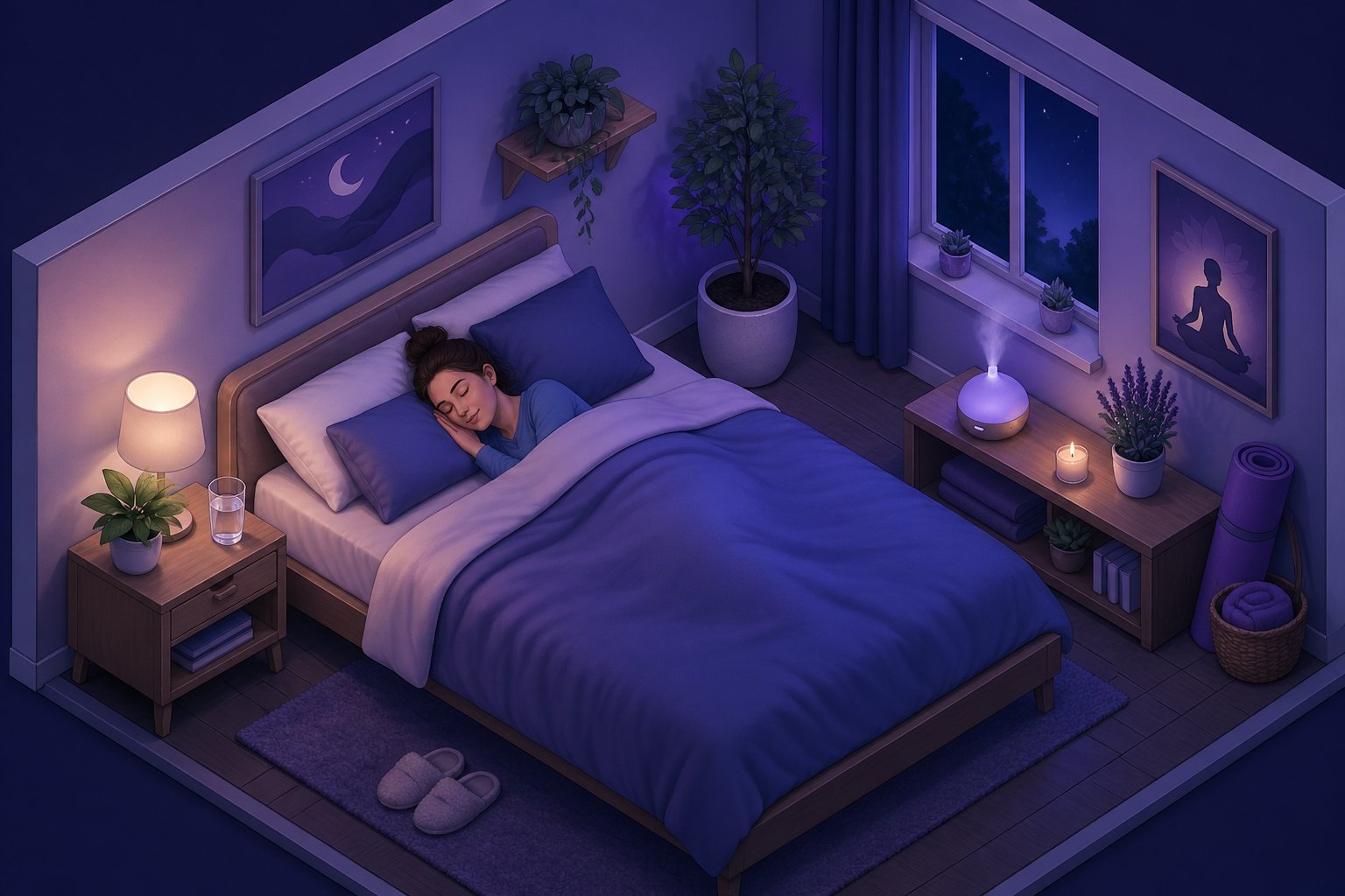 A person sleeping peacefully in a cozy bedroom with a bedside table, a plant, and wellness items like a yoga mat and diffuser nearby.