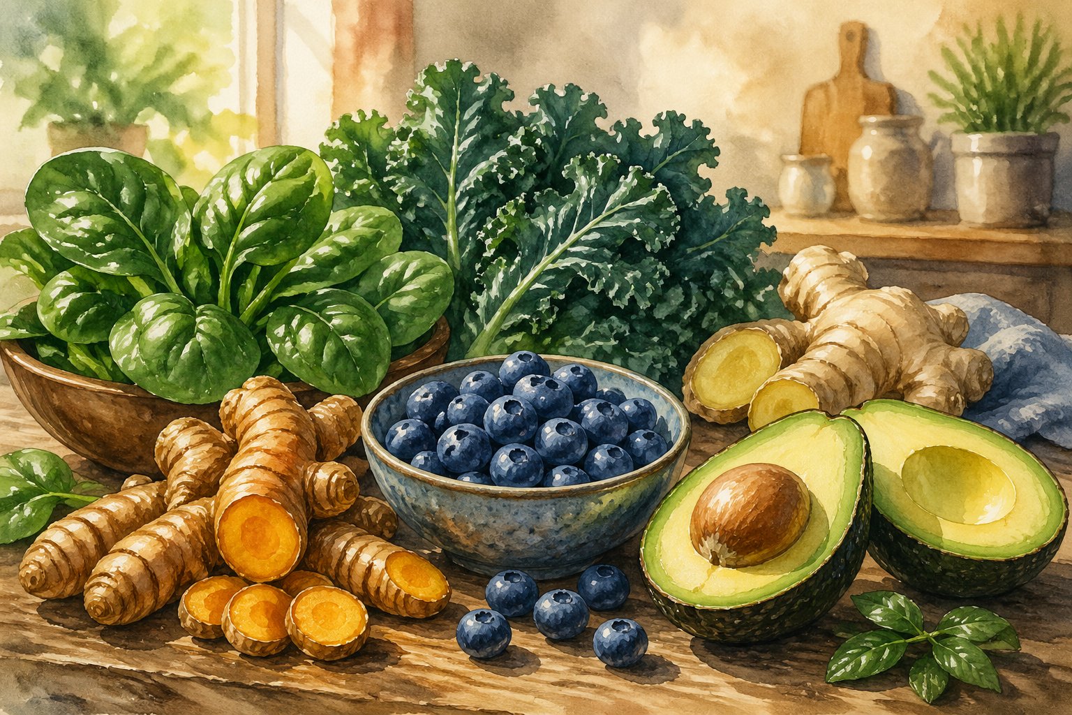 A collection of fresh turmeric, leafy greens, blueberries, avocado slices, and ginger arranged on a wooden table.