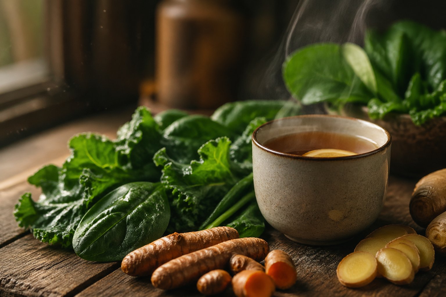 A wooden table with a steaming cup of herbal tea, fresh turmeric root, ginger slices, and green leafy herbs in soft natural light.