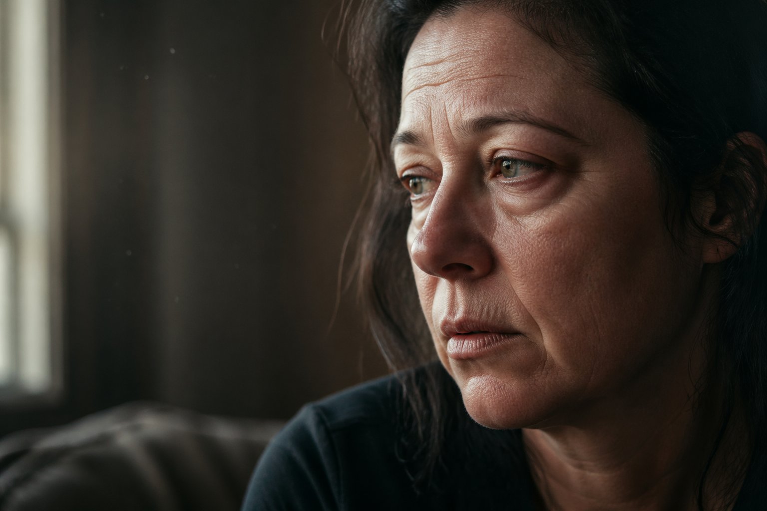 A close-up of a middle-aged person looking tired and unwell, sitting near a window with soft light illuminating their face.