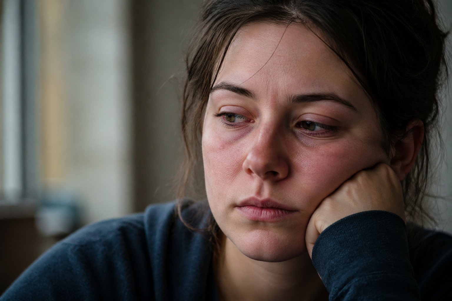 A close-up of a young adult with tired eyes and slight redness on their face, sitting quietly and looking weary.