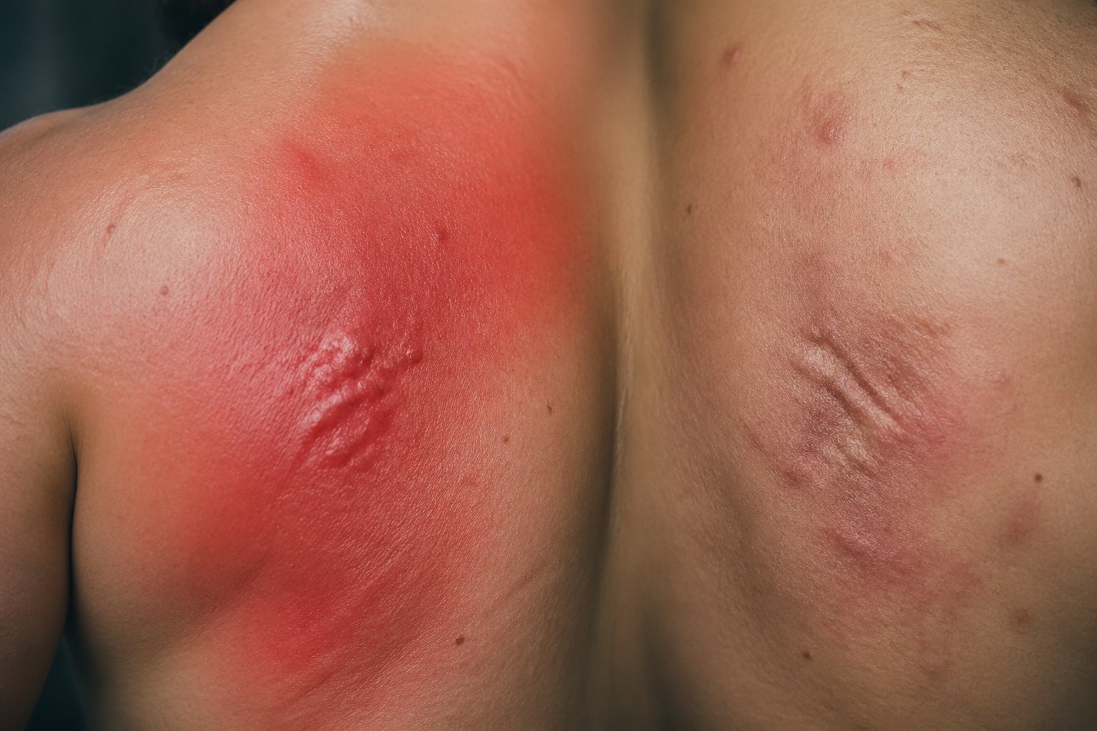 Close-up view of human skin showing two areas side by side: one with bright red swelling indicating acute inflammation, and the other with duller, persistent redness and texture changes indicating chronic inflammation.