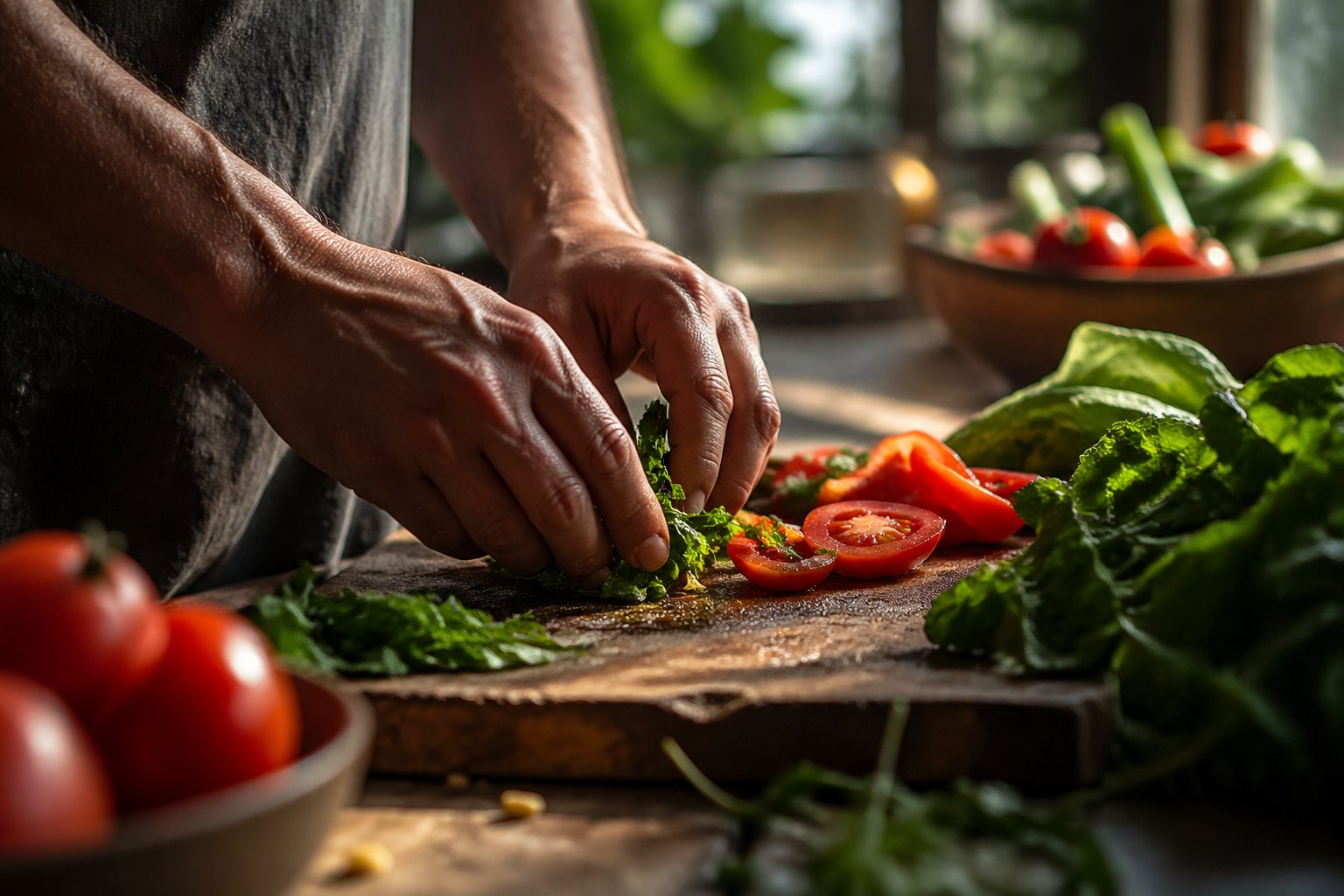 Close-up of hands preparing fresh vegetables on a wooden kitchen table with natural light coming through a window.