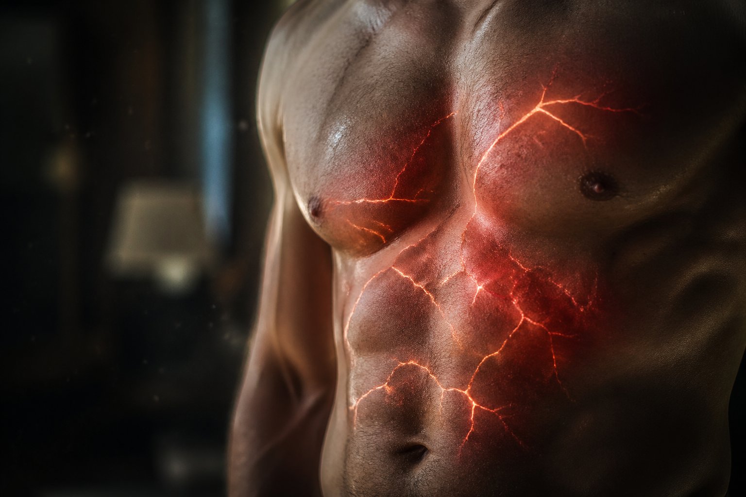 Close-up of a human torso showing areas of redness and warmth under the skin, symbolizing inflammation linked to fatigue.